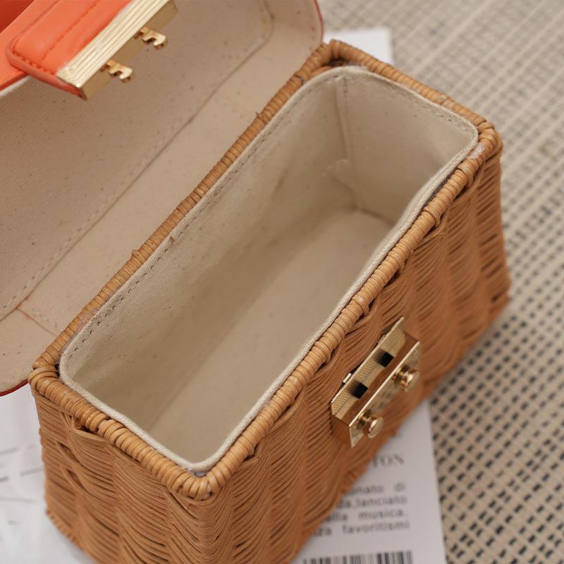 Trend Women's Straw Square Bags Handmade Woven Tote PU Leather Top Handle Rattan Purses Boxes Lady Summer Beach Basket Bags