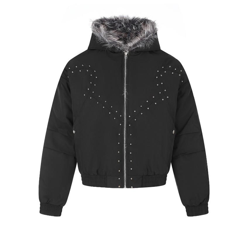 Magic Bear Streetwear Padded Jacket With Rivets Faux Fur Collar Loose Fit Winter Coat Teens