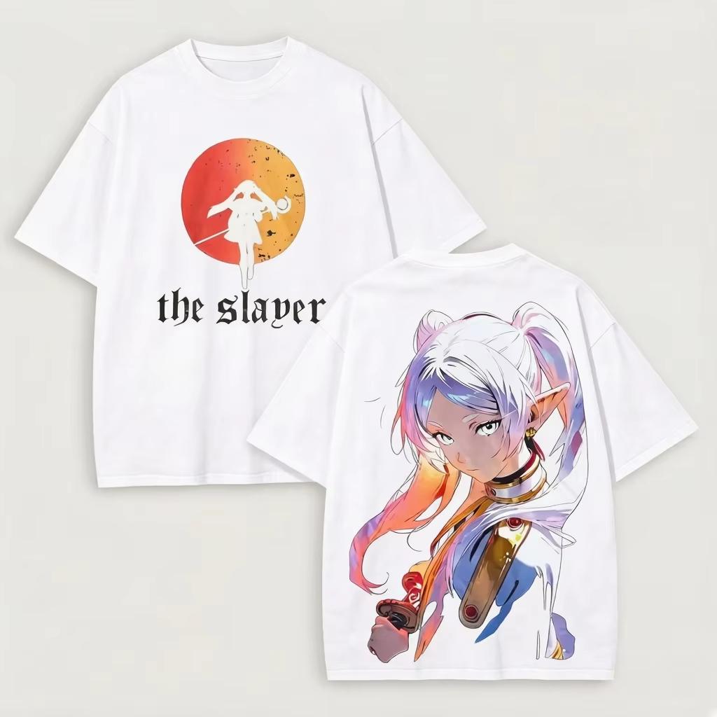 2026 Frieren Beyond Journey's End Oversized Frieren Floral Print With Japanese And English Logo Casual Streetwear  Women And Men T-shirt