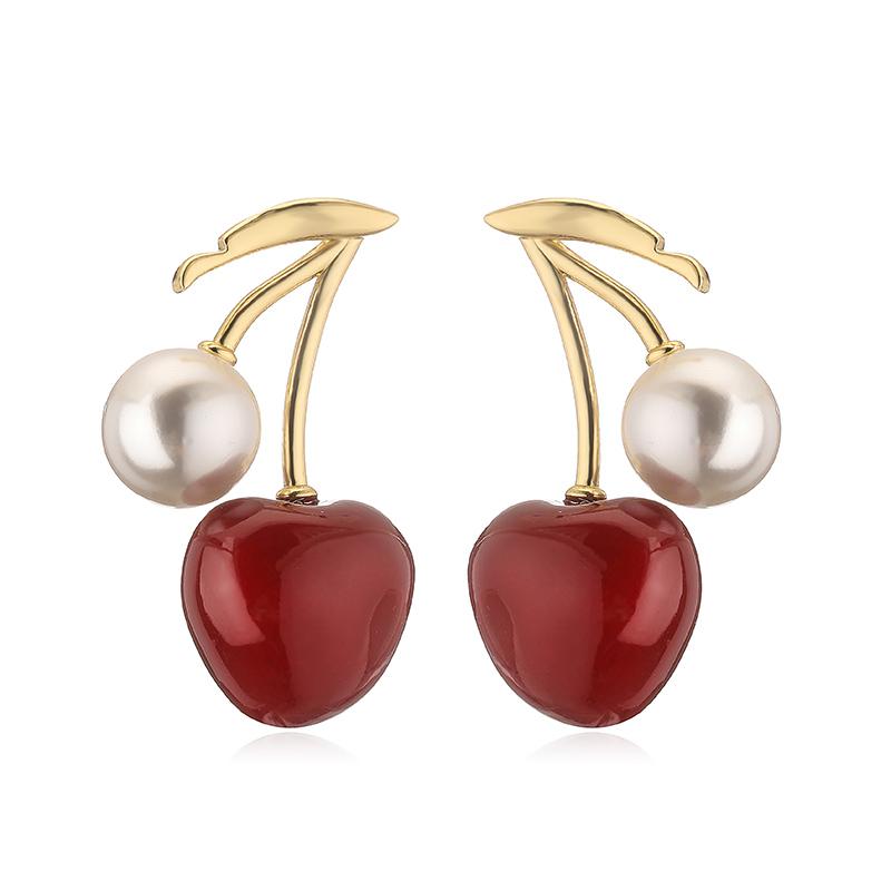

HECHENG, Enamel Drip Oil Sweet Cute Fruit Earrings Simulation Pearl Red Cherry Heart Shaped Women s Metal Zircon Earrings Pair Other