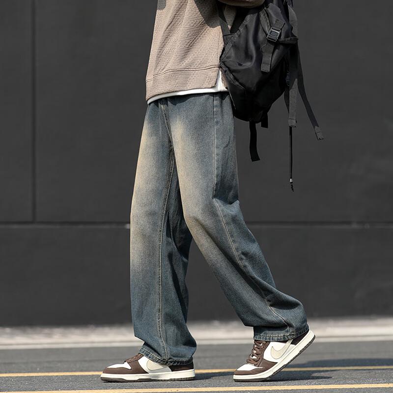 Wassup Sohot Men's American High Street Loose Straight-Leg Denim Jeans