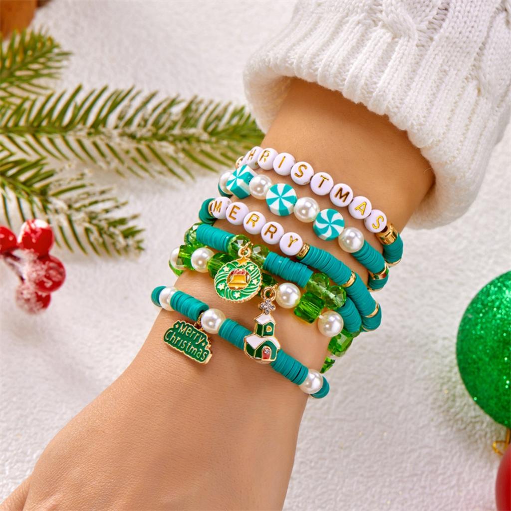 Christmas Crutch Star Santa Claus Deer Bell Snowflake Snowman Wreath Crystal Soft Clay Rice Beads Bracelet For Women Men Jewelry
