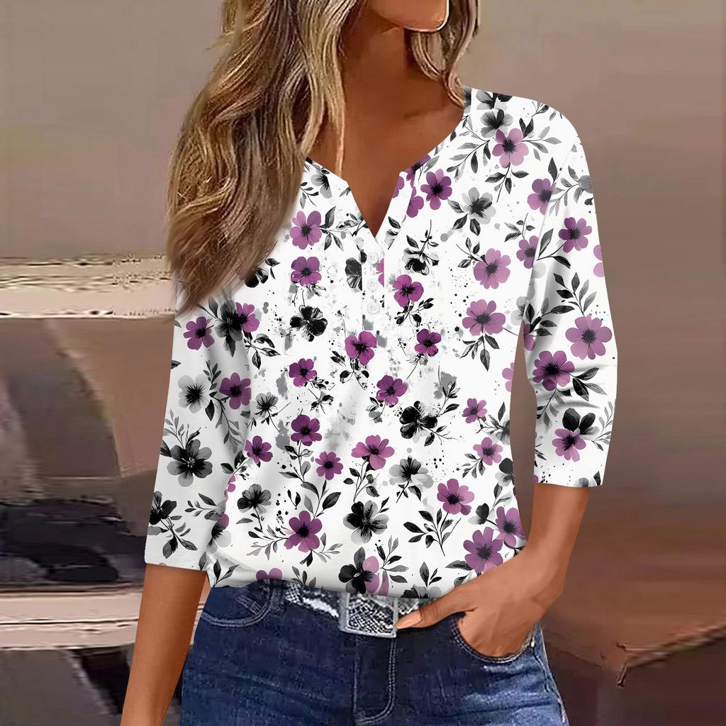 Dámské tričko s potiskem, knoflíky, 3/4 rukávy, pro každý den, na víkend, módní, základní, s výstřihem do V, běžný top