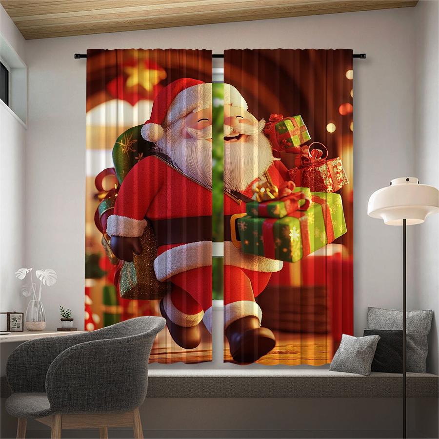 2PCS- Christmas Santa Claus Christmas tree pattern printed curtains   Christmas decorations   home decorations   room decorations