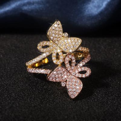 Silver Cute Gold Butterfly Ring for Women with Bling Zircon Stone Adjustable Fashion Jewelry Wedding Engagement Ring