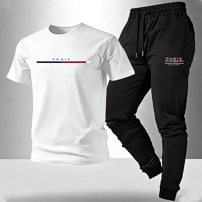Men's Set T-shirt and Sweatpants Paris Print Summer Short Sleeve Tracksuit Male Home Outdoor Comfort Casual Tees