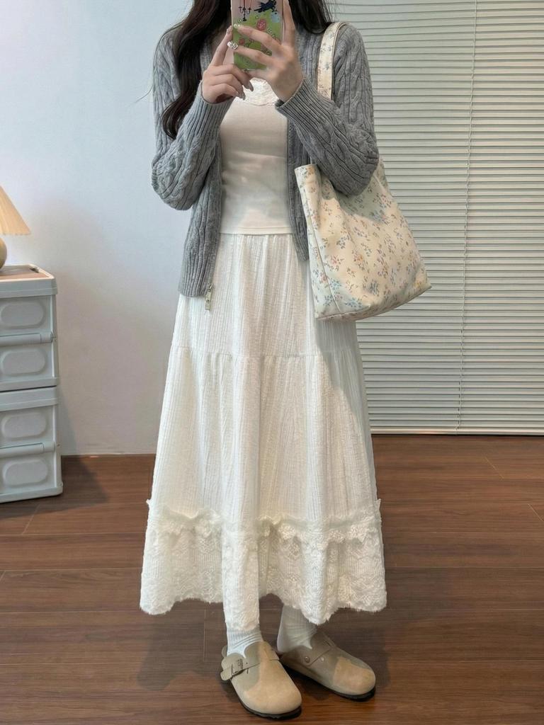 Women's White Lace High Waist A-line Umbrella Skirt - Mid-length Flare for Tall Figures
