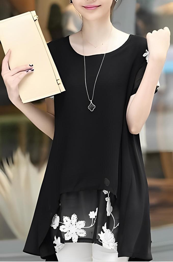 Aspersio Simple Layered Floral Tunic Top with Short Sleeves and Features Tiered Cuff Straight and Round Crew Cut and Sewn Asymmetrical Pullover