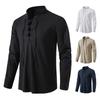 Men's New Men's Cotton and Linen Henley Shirt Long Sleeve Hippie Casual Beach Stand-Up Collar Shirt