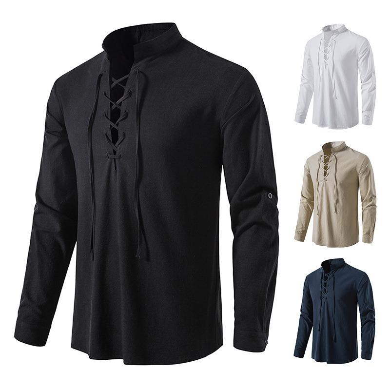Men's New Men's Cotton and Linen Henley Shirt Long Sleeve Hippie Casual Beach Stand-Up Collar Shirt