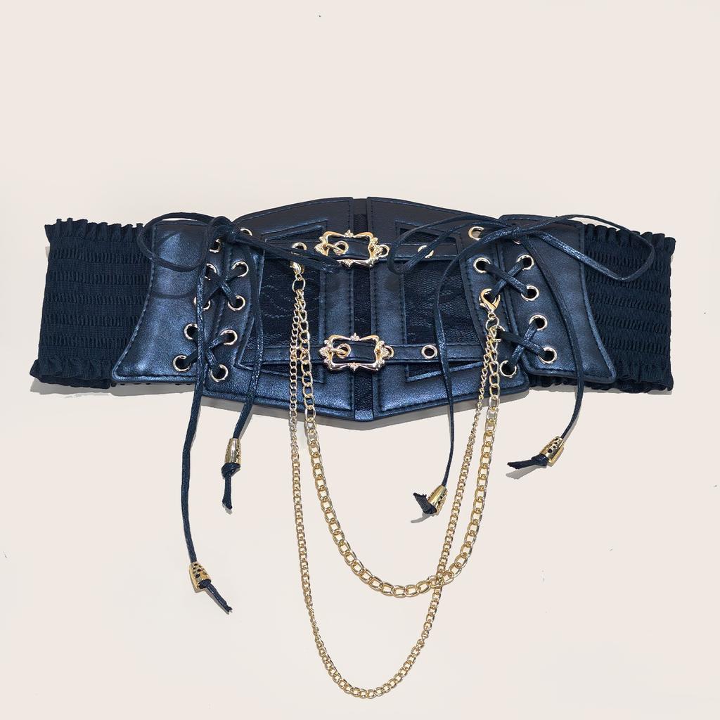Lace Corset Punk Black Wide Belt With Chain Pu Leather Slimming Body Belts for Women Elastic High Waist Belt Female Cummerbunds