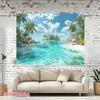 Serene Tropical Beach Tapestry, Turquoise Ocean with Lush Palm Trees and a Secluded Island, Calming Coastal Wall Art
