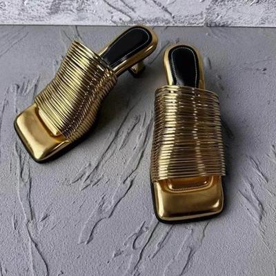 Square Toe Stiletto Sandals for Women Summer Shiny Solid Color High Heels Casual Half Slippers Shoes for Women Designer Sandals