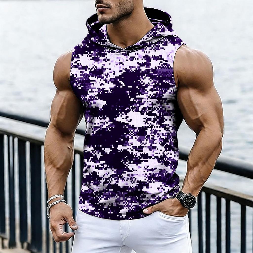 Men's Casual Fashion Printed Sleeveless Hooded Tops | Lightweight Summer Hooded Tank Tops