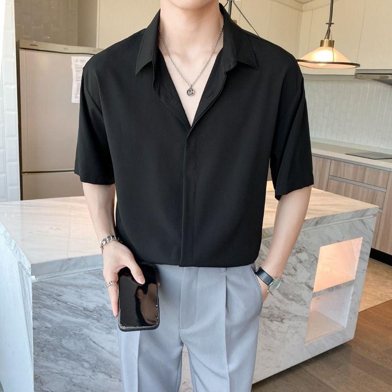 New Summer High End Handsome Fashion Cool Style Flip Collar Buckle Casual Loose Oversize Ice Silk Solid Color Shirt for Men