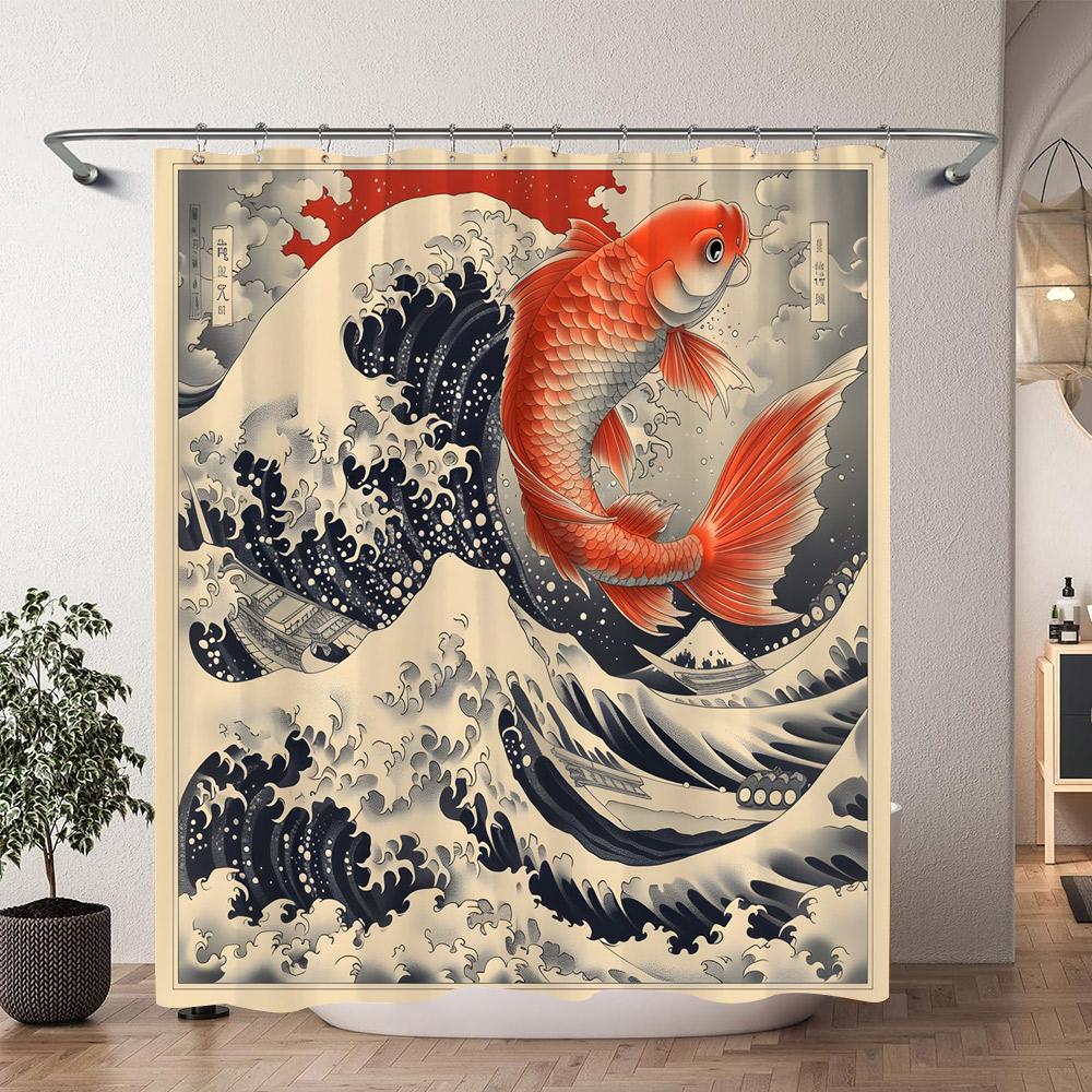 Japanese Sea Waves Red Koi Shower Curtain Ink Painting Printed Polyester Fabric Shower Curtain Bathroom Decoration with Hooks
