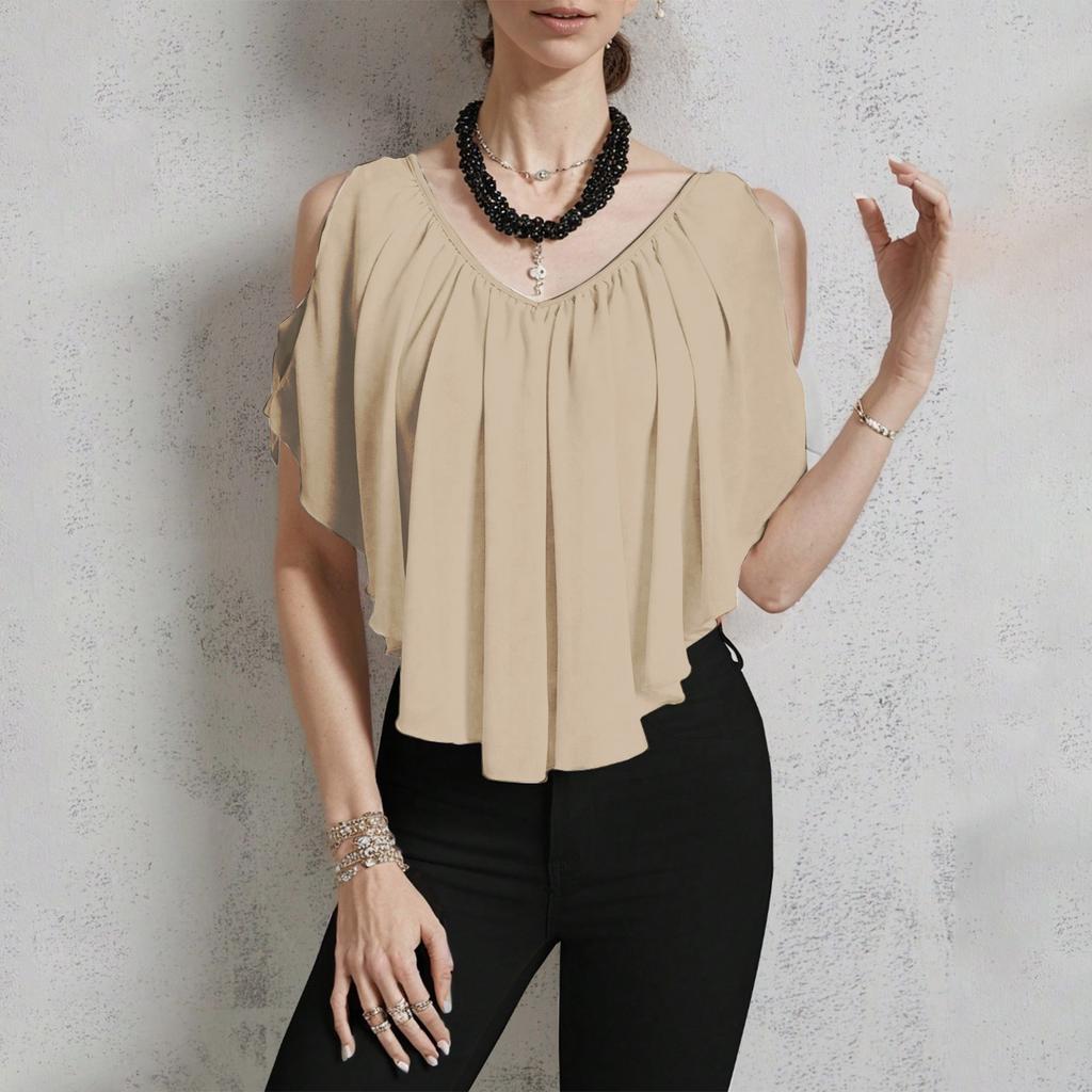 Women's Casual V-neck Off-shoulder Solid Color T-shirt