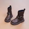 2025 Autumn/Winter Girls' Mid-Calf Leather Boots with Side Zipper and Velvet Lining