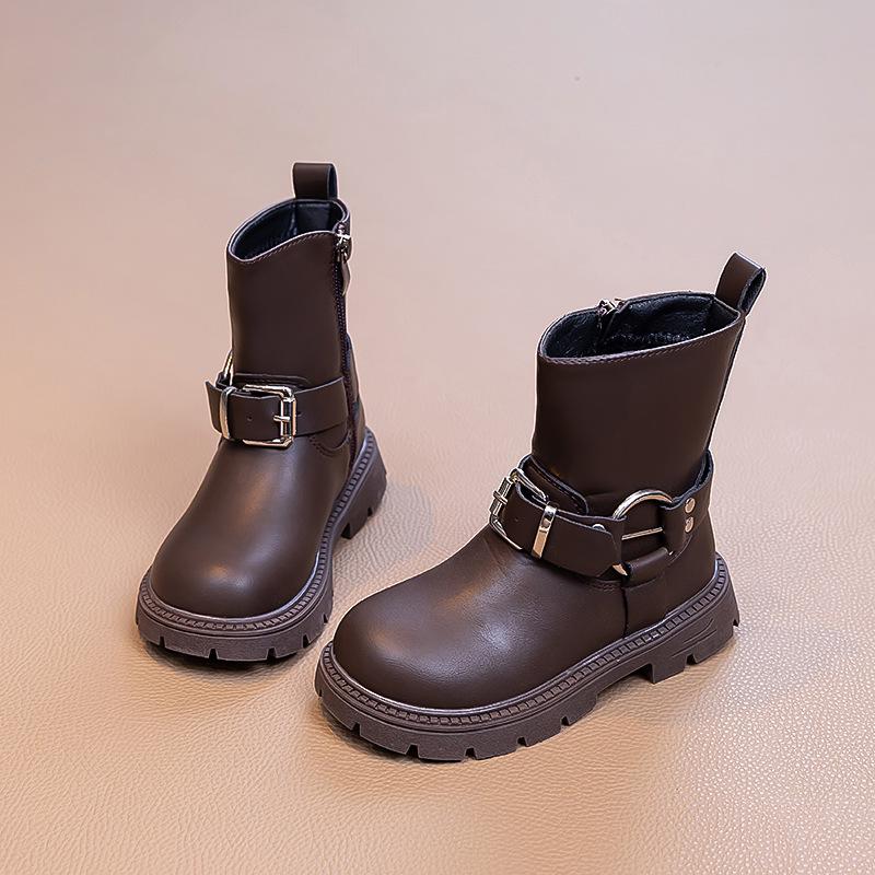 2025 Autumn/Winter Girls' Mid-Calf Leather Boots with Side Zipper and Velvet Lining
