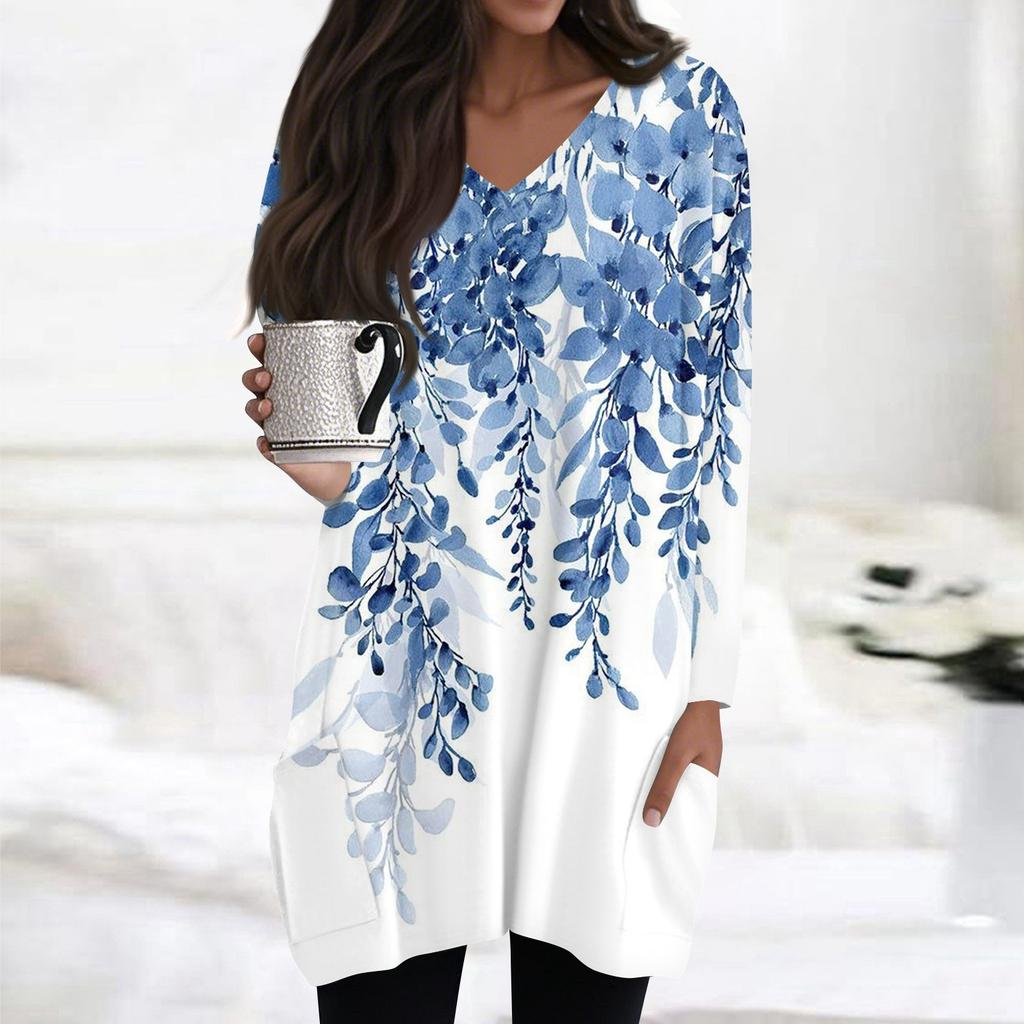 Damen Oberteile V-Ausschnitt Langarm Blusen Lässige Mittellange Hemden Mode Druck Tunika Oberteile Mit Taschen