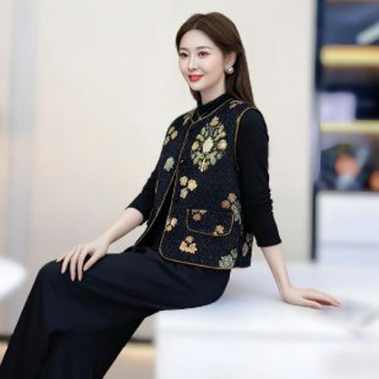 

2026 Chic Spring Vest for Mothers: New Chinese-Style Outerwear, Ideal for Middle-Aged & Older Women. M чёрный