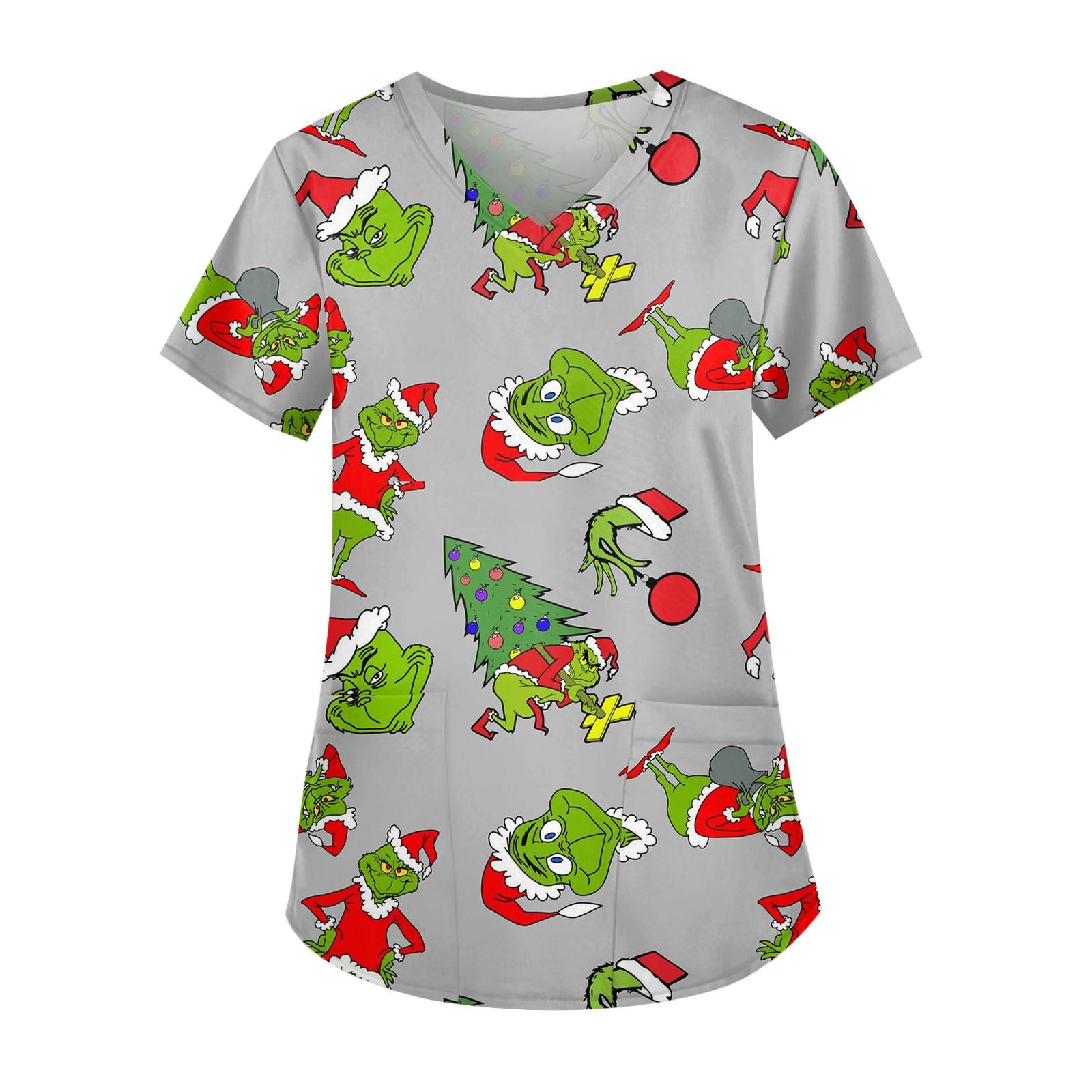 

Женская симпатичная рабочая одежда с принтом, V-образным вырезом, двухслойными карманами, базовым коротким рукавом, пуловером на Рождество XXXXXL