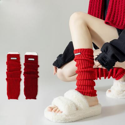 Damen Herbst und Winter Frühling Rot Warm Strick Rüschen Stulpen Beinwärmer Beinjacken Stapelsocken