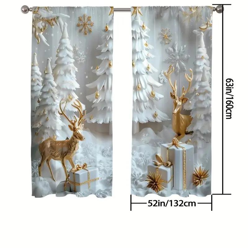 Set Of 2 Christmas Snow Tree Golden Reindeer Design Printed Curtains Pole Bag Home Decoration Room Curtain Polyester