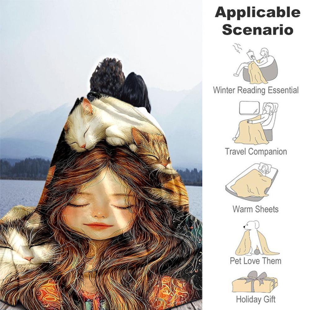 1pc Girl Cats Outdoor Flannel Blanket Soft Warm All-Season Throw for Sofa Bed Car Camping Office, Cozy Gift Idea1145S