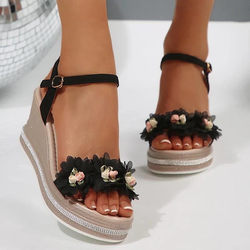 Lace Flower Wedge Heel Sandals for Women Summer Fashion Chunky Platform Sandalias Mujer Thick Bottom Non Slip Beach Shoes Woman