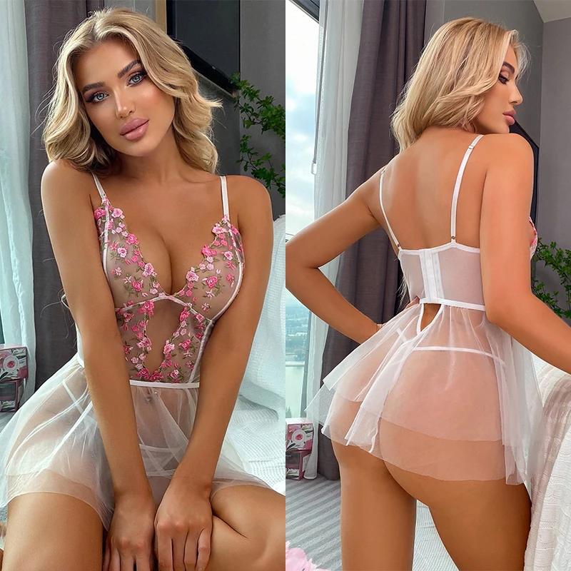 Women Transparent Nightwear Lace Babydoll Temptation Underwear Nightdress Sexy Sleepwear Floral Embroidery Night Dress Lingerie