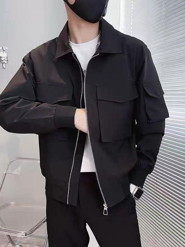 Trendy Men's Solid Color Multi-Pocket Workwear Jacket for Spring & Autumn