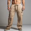 Calças de trabalho masculinas, calças de algodão e linho, calças de verão com cordão, vários bolsos, retas, lisas, confortáveis, respiráveis, para uso ao ar livre, calças casuais diárias
