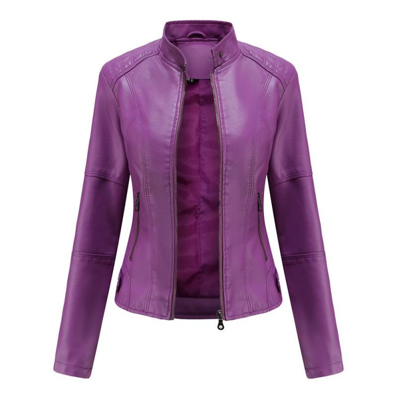 Womens Slim Fit PU Leather Jacket Stand Collar Biker Style Lightweight Coat