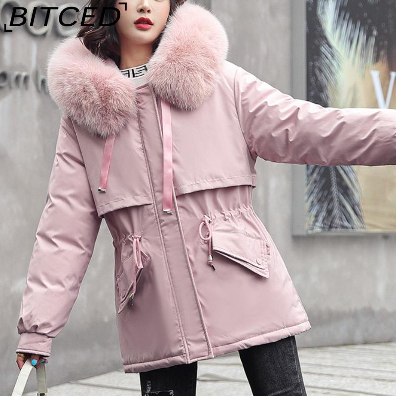 BITCED Women's Mid-Length Drawstring Cotton Coat with Fleece Lining Loose-Fit Puffer Jacket with Down-Fill Cotton Padding Winter Outerwear