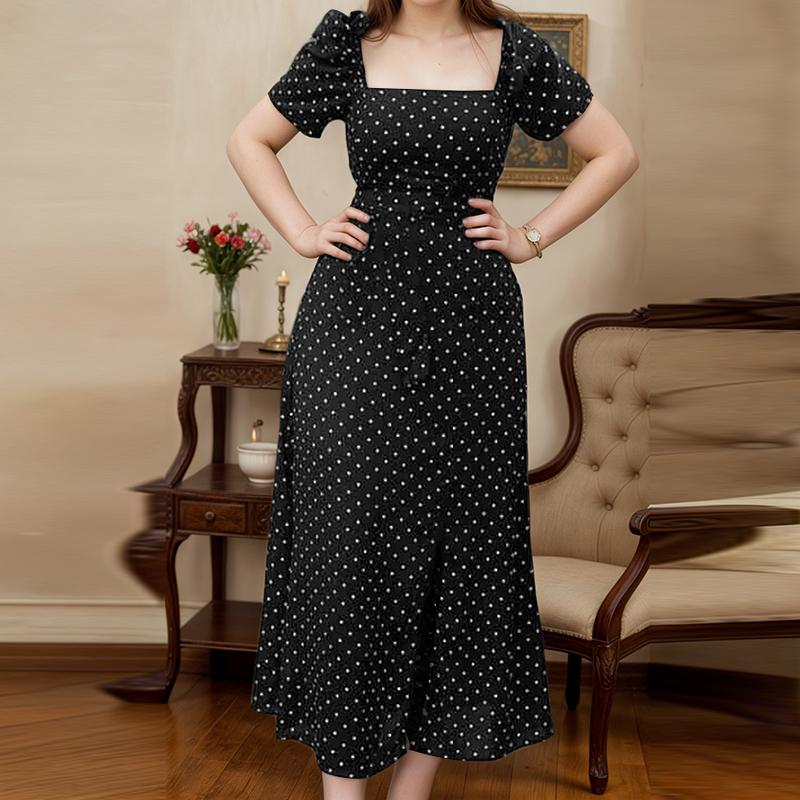 ZANZEA Women Casual Square Collar Short Sleeve Polak Dot Print Dress