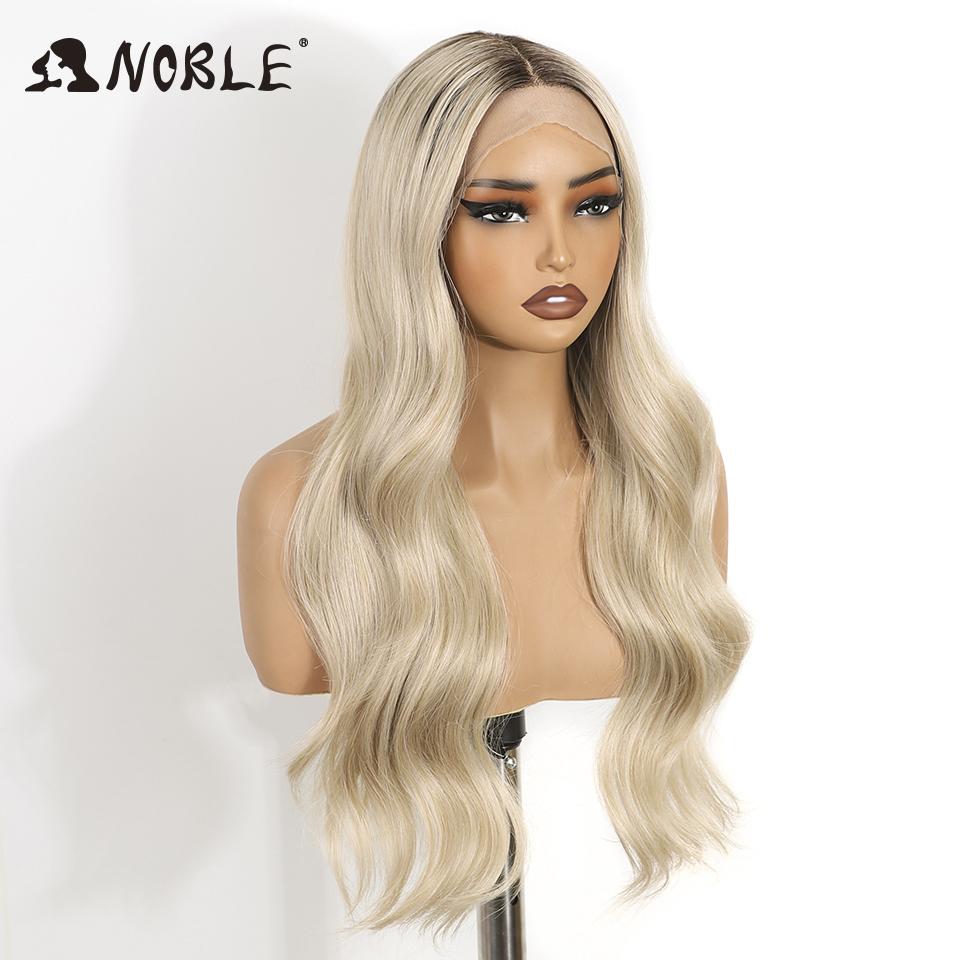 Noble Synthetic Lace Front Wigs For Women 26 Inch Wavy Platinum Blonde Ombre Wig Highlight Lace Front Wig Cosplay Lace Wigs