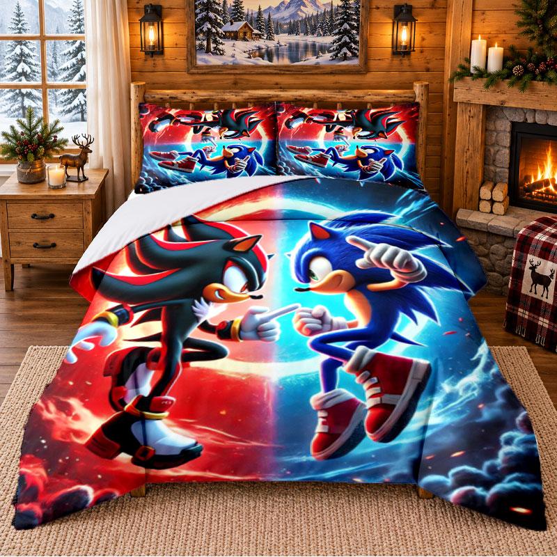 Shadow the Hedgehog Pattern Bedding 3Pcs Set Bed Sheet And Pillowcases For Indoor Bedroom