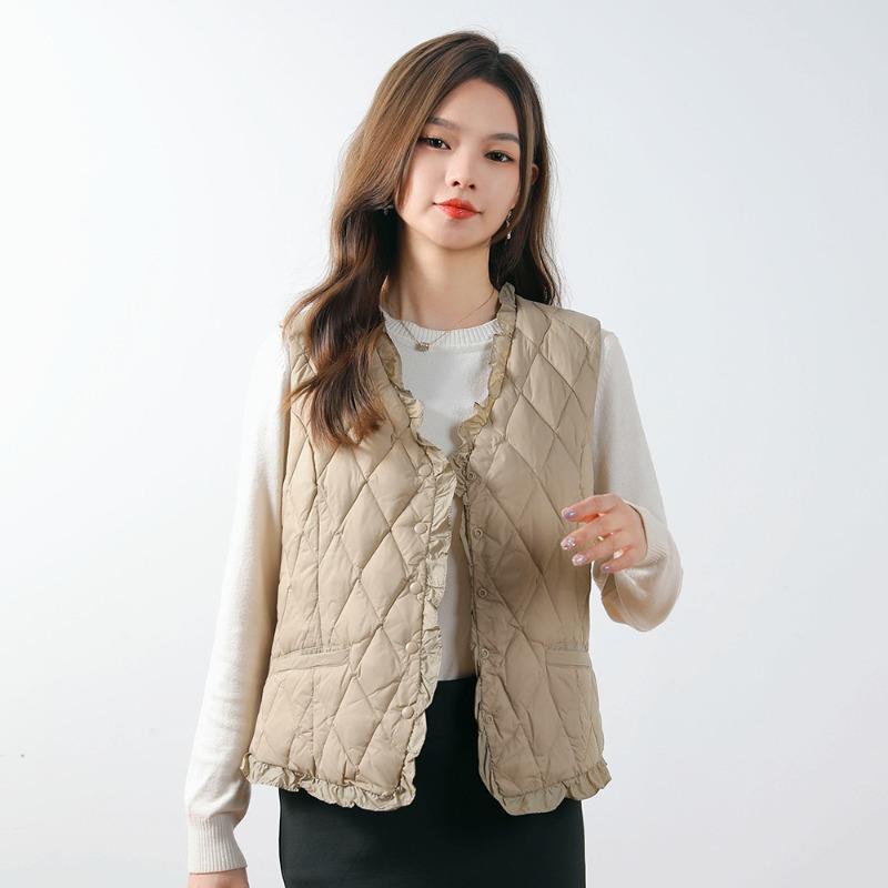 Feather new women's 90-down light down V-neck vest women's vest women's rhombus down jacket