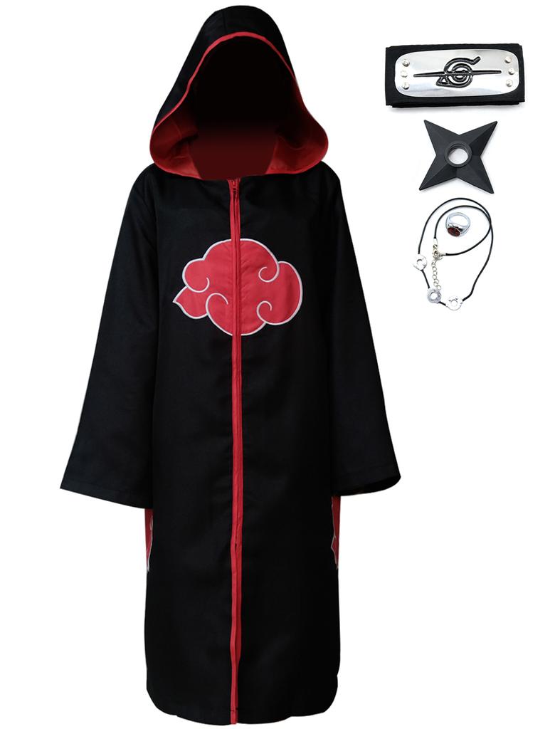 Akatsuki Uchiha Itachi Cloak for Kids Adult Long Black Robe Capes Halloween Carnival Cosplay Costume with Accessories