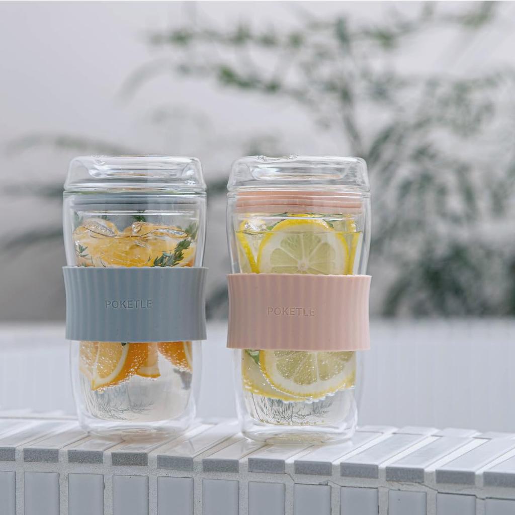 POKETLE Glass Tumbler with Lid, 330ml, Double-Walled, Heat-Resistant, Dishwasher-Safe, BPA-Free, Vidro 330, Latte Beige