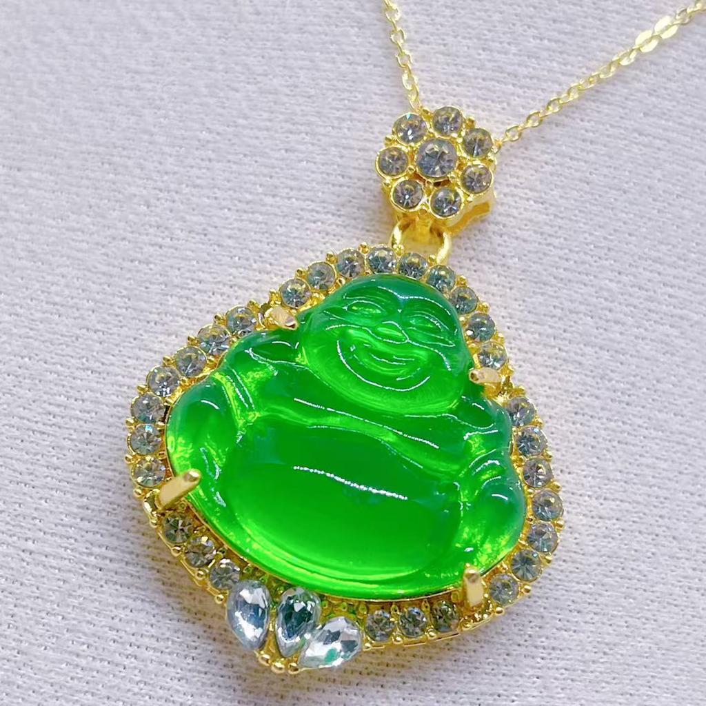 Pendant New Chinese Style Green Stone Laughing Buddha Surrounded by Zircon Men and Women Buddha Necklace