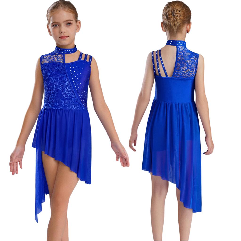 Girls Sleeveless Mock Neck Leotard Dress – Asymmetrical Shoulder Floral Lace with Rhinestones, Irregular Hem for Lyric Dance