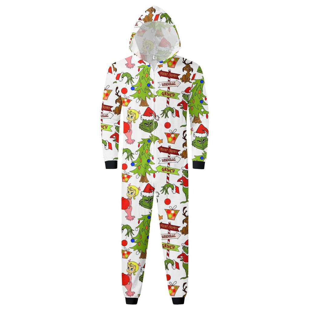 Christmas Print Family Matching Hooded Long Sleeved Zippered Jumpsuit Set