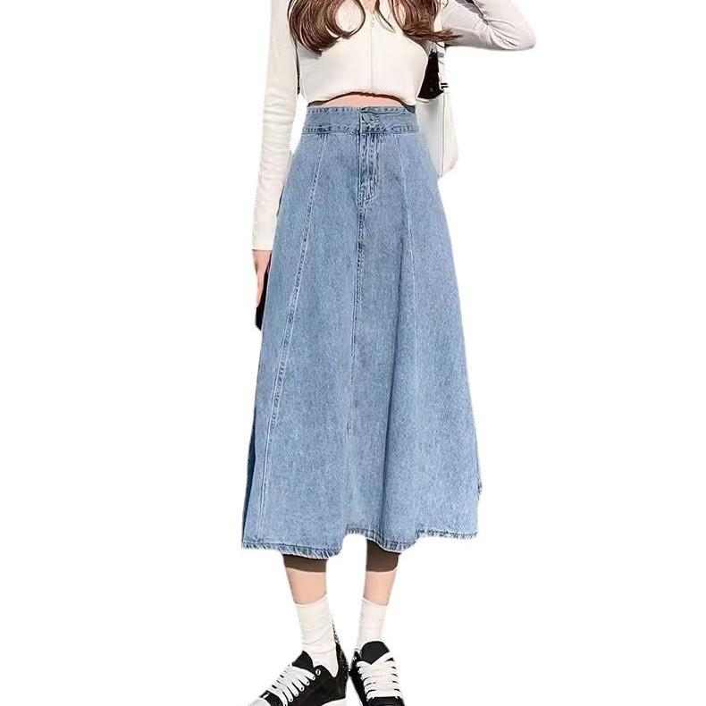 Women's Autumn Plus Size Denim Midi Skirt - High Waist Slimming A-line with Elastic Waist
