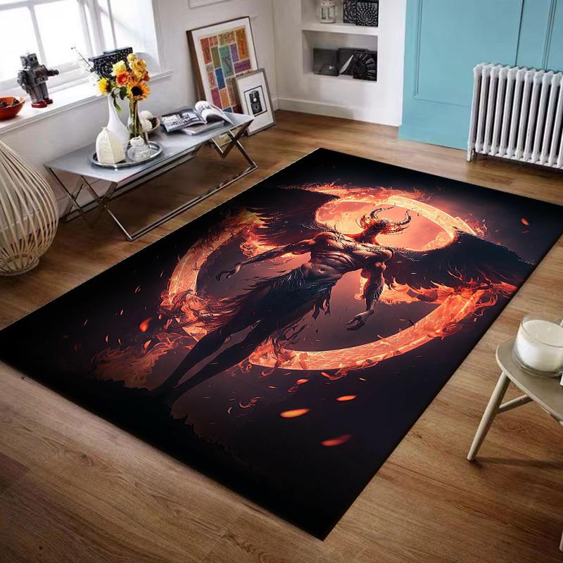 Flannel Rug Dark Angel Demon Black Wings Fire Ring Muscular Fantasy Art Decor for Living Room Bedroom Gift for Men