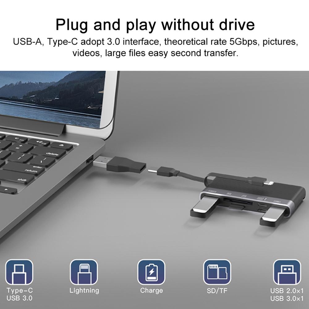 

NK-1048HD 6-in-1 Docking Station Type-C/8-Pin to USB3.0+TF/SD Card Slots+USB2.0+2 Type-C Ports USB Hub Adapter As Shown A
