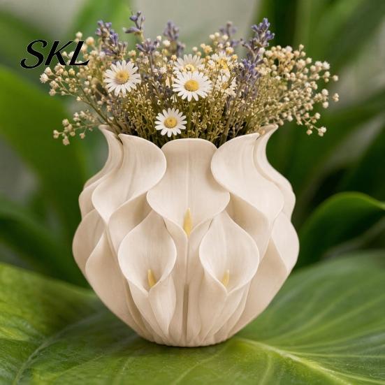 Three-dimensional Floral Vase 3D Printed Calla Lily Relief Vase, Mini Decorative for Dried Flowers, Minimalist Matte Preserved Flower Container White