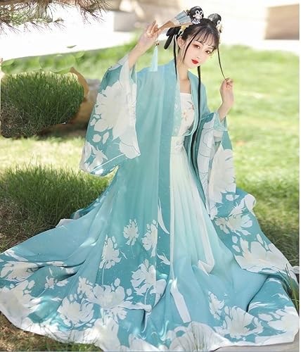 [Housaku Co., Ltd.] Ancient Hanfu Classical Beauty Elegant Chinese Court Costume Cosplay Set Tang Suit Haori Long Skirt Set (Green and Blue, L)