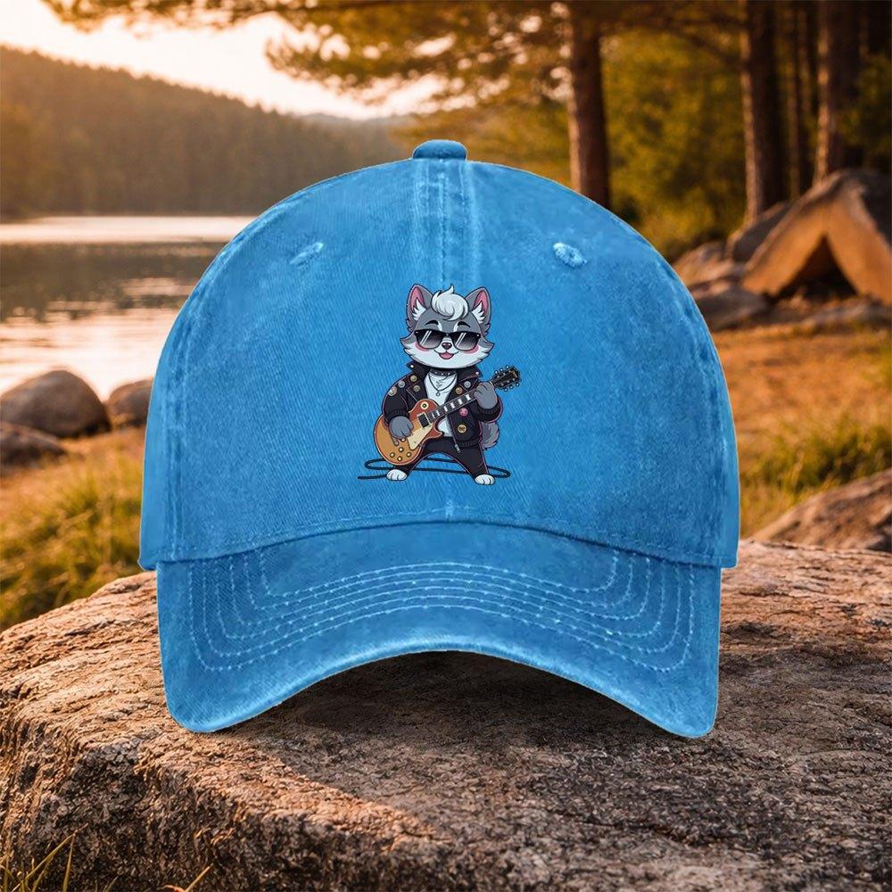 Rock Cat Electric Guitar Print Washed Baseball Cap Unisex Casual Hat for Golf Outdoor Daily Wear